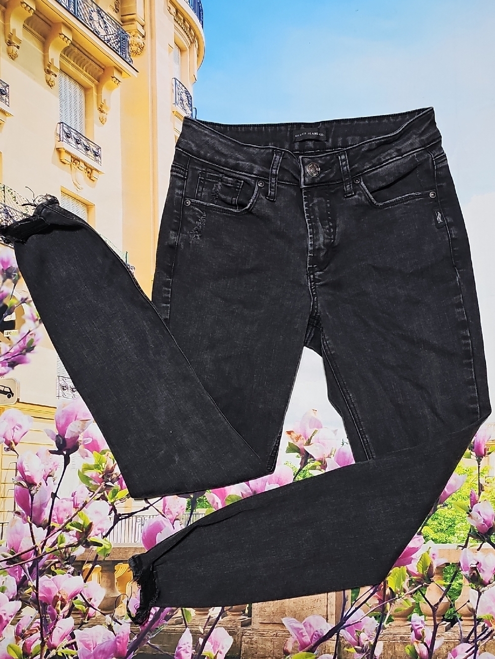 Silver Jeans Black Suki Skinny Jeans Raw Hem Size 27